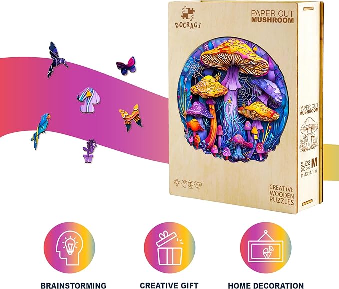 Wooden Puzzles for Adults - Paper Cut Mushroom Wooden Jigsaw Puzzle - Unique Animal Shaped Wood Puzzles Adult - Christmas Birthday Gifts for Adults/Friends/Family - 100pcs 8.5 * 8.2in