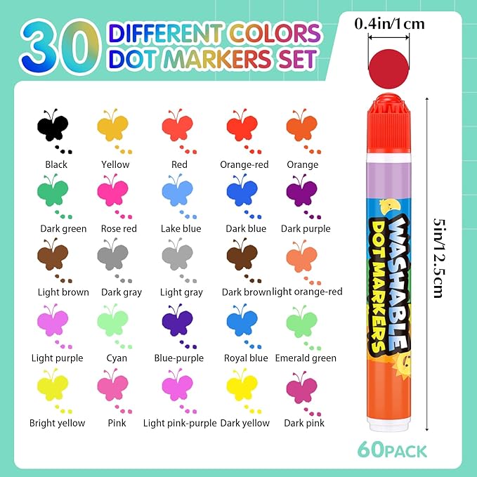 Crtiin 60 Pack Washable Dot Markers Set 30 Assorted Colors Bingo Daubers Bulk 0.4oz Dot Art Paint Markers Ideal for Art and Crafts Painting Coloring Bingo Supplies