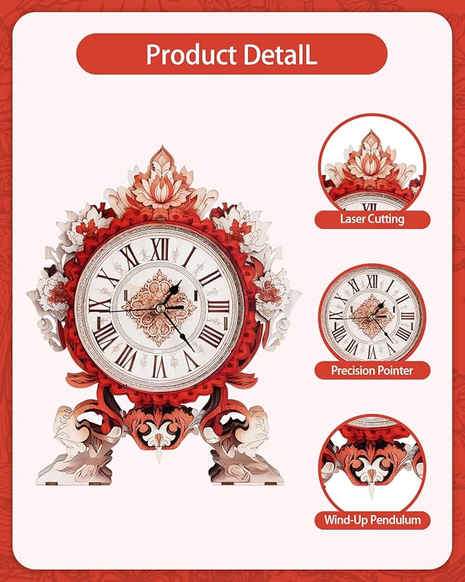 3D Wooden Puzzles for Adults, 3D Puzzles Flame Flower Clock Kit (with Pendulum), Wooden Puzzle for Adults Teens Home Wall Decor Clock Christmas Day Puzzle Gifts for Adults
