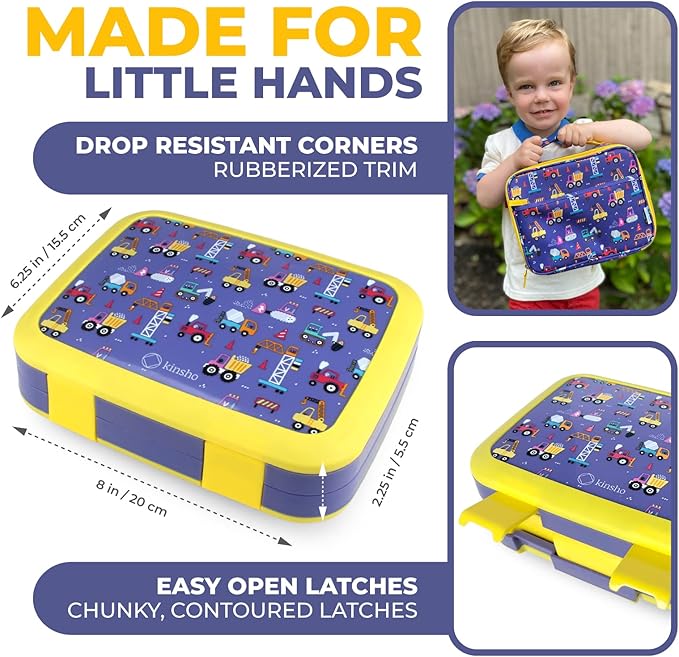 Bento Box with Thermo, Insulated Lunch Bag, & Ice Pack Set for Kids or Toddlers. Stainless Steel Food Jar, 5 Compartment Lunch-Box for Pre-School or Daycare, Blue Yellow Trucks