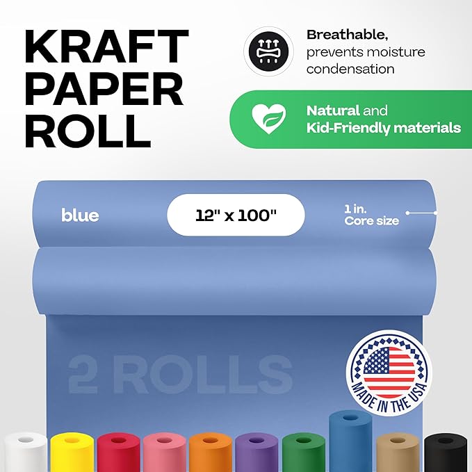 12" x 1200" (100 ft) Blue Kraft Paper Roll, Pack of 2 - USA-Made Quality Craft Paper for Gift Wrapping, Kids' Arts & Crafts, School Projects - 100% Recycled, 50 lb Natural Material by IDL Packaging