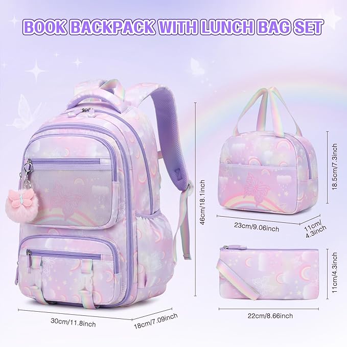 Backpack for Girls, Rainbow Butterfly Girls Backpacks with Lunch Bag Pencil Case Set, Kids Backpack Kindergarten Elementary Middle School Book Bag for Teen Girl Children Students