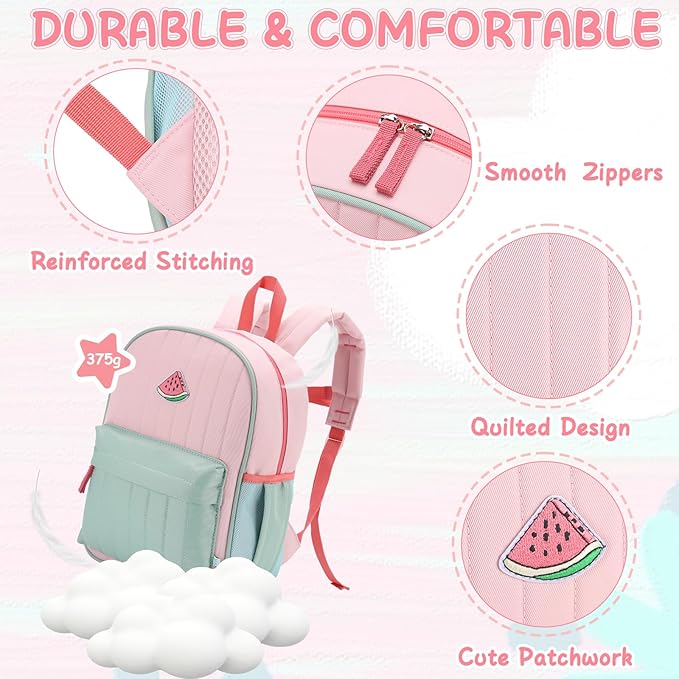 VASCHY Kids Backpack for Girls, Lightweight Quilted Color-blocked Bookbag Preschool Backpack for Kindergarten Children Light Pink Green