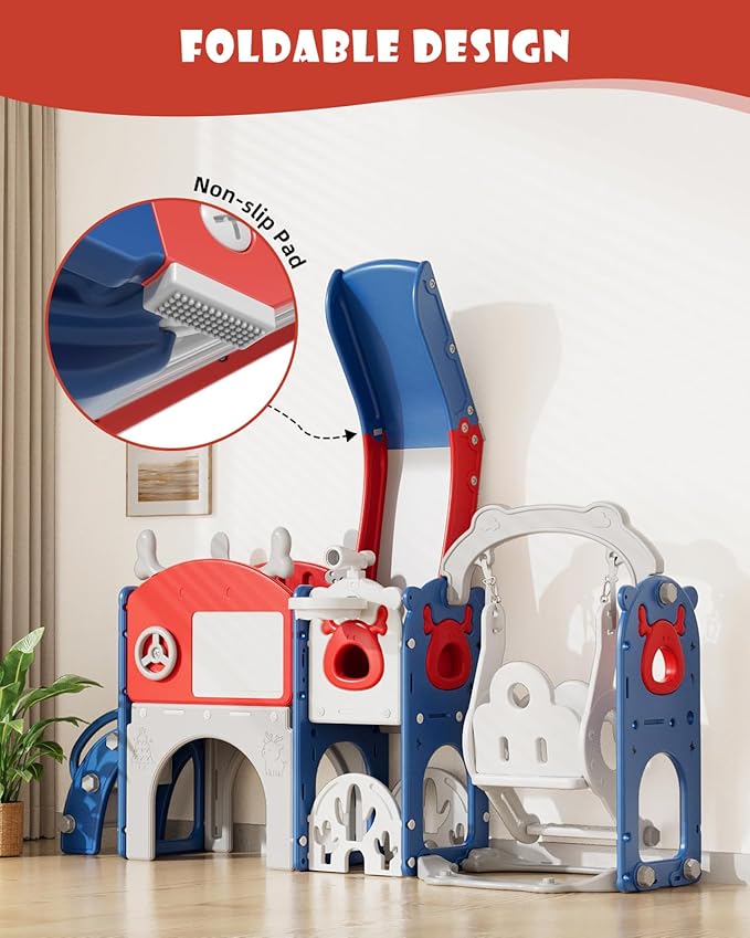 XJD 13-in-1 Toddler Slide and Swing Set, Kids Slide for Toddlers Age 1+, Toddler Outdoor Playset New Upgrade with Golf Set, Basketball Hoop, Drawing Board for Playground (Red Blue)