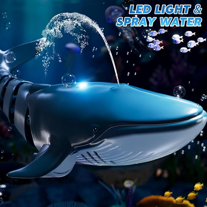 Remote Control Whale Shark Toys for Boys Kids, 1:18 Scale High Simulation Shark for Pool, 2.4Ghz Electric RC Shark Boat Fish Toys with Light & Spray, Toy Shark Gifts for 6 7 8 9 Year olds Kid Boy Girl
