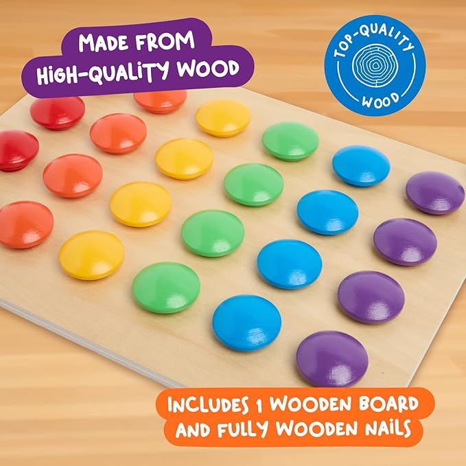 Nene Toys Wooden Color Matching Puzzle for Toddlers 2+ Years โ Montessori Pegboard Button Game with Wooden Nails & Cards โ Educational Toy for 2 3 Year Old Boys Girls โ Fine Motor Skill Learning