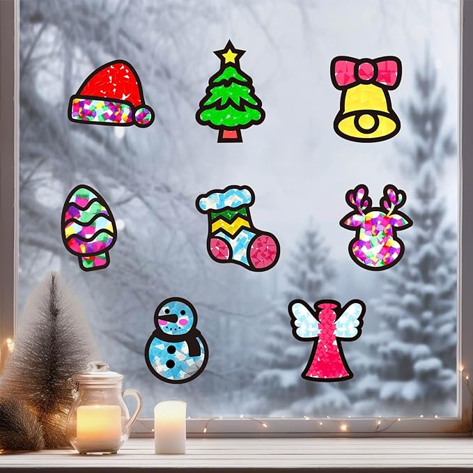 32 Set Christmas DIY Craft Kits,Christmas Tissue Paper Sign Craft Kit Christmas Tree Ornaments Suncatchers Craft Craft for Winter Xmas Classroom School Decorations DIY Art Project Activities