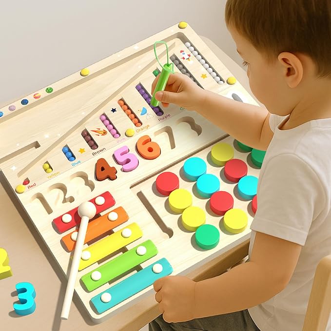 Montessori Learning Toys Busy Board Sensory Toys for Autistic Children, 4-in-1 Wooden Toy with Magnetic Color Number Maze, Xylophone, Sliding Puzzle & Number Match for Kids Ages 3+