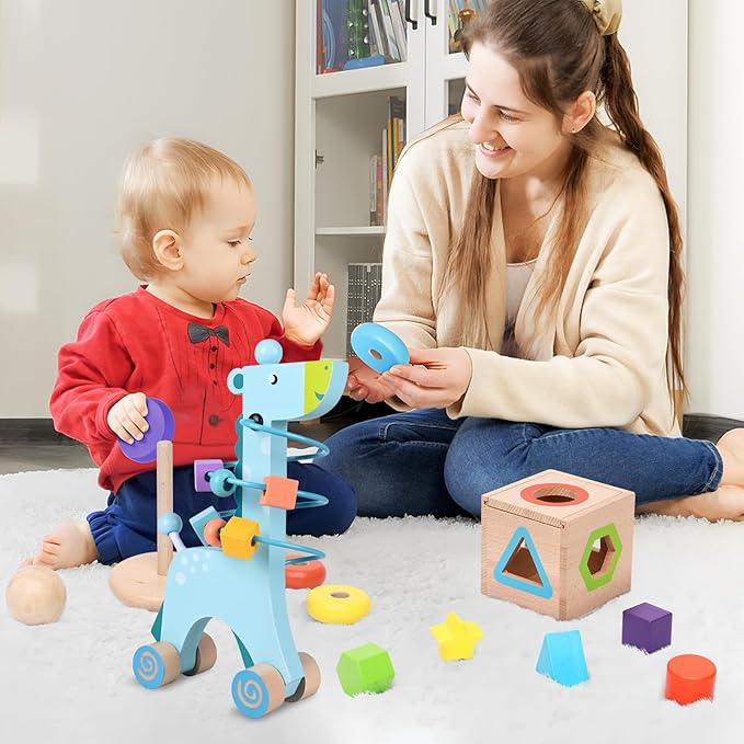 Wooden Montessori Toys for 1 Year Old, 4-in-1 Educational Sensory and Baby Learning Toys for Toddlers Aged 1-3, Boy and Girl's Best Gifts for Birthday (Blue)