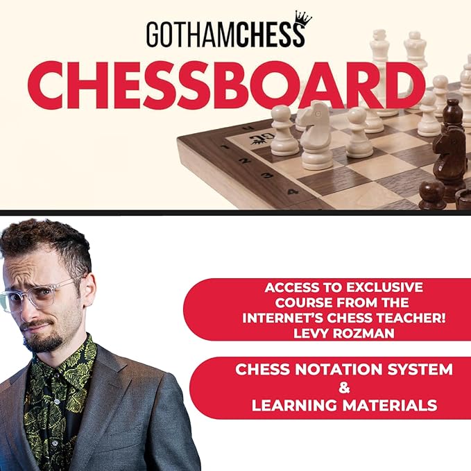 GothamChess Board | Foldable & Portable, Magnetic Chess Pieces, Organized Fitted Storage, Includes Course by International Master Levy Rozman, Game for Kids, Teens, Families & Adults | 15.75" x 15.75"