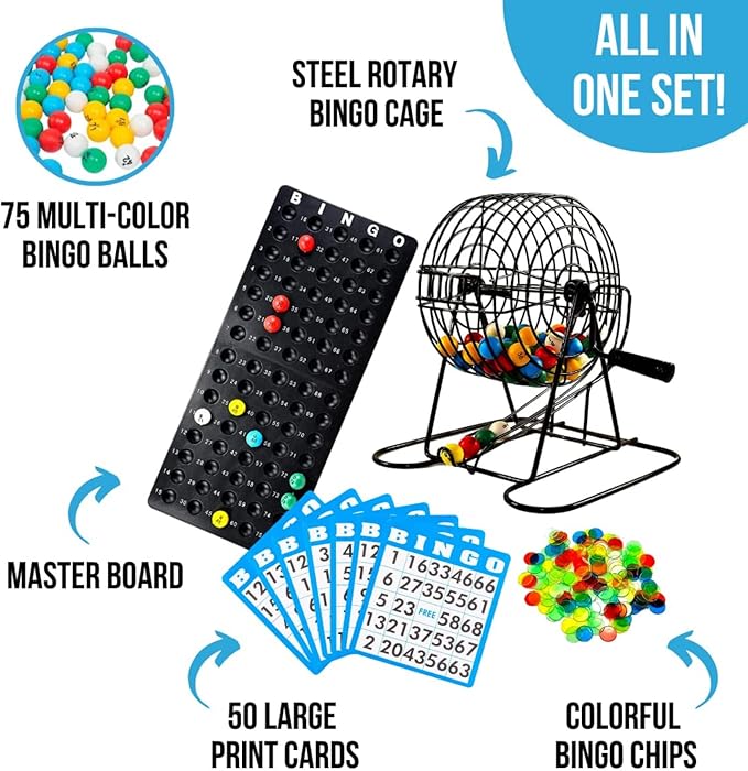 Regal Bingo Deluxe Game Set for Adults and Kids - Includes 8 Inch Wheel Cage, 75 Balls, Master Board, 50 Cards and Colorful Chips - Fun Family Game Night