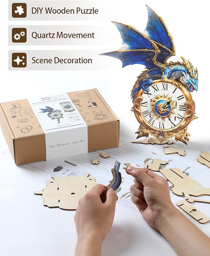Rnfinewow 3D Wooden Puzzles for Adults, Wooden Puzzle for Adult Blue Dragon Wall Clock DIY Kit with Pendulum, Beginner 33 Pcs 3D Puzzles, Creative Gift Ideas for Adults Teens