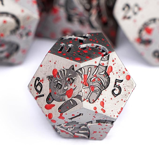 Metal DND Cat Dice Polyhedral RPG Dice Set with Gift Case for Dungeons Dragons Role Playing Game, 7PCS D and D Dice D6 D8 D10 D12 D20 D% (Blood)