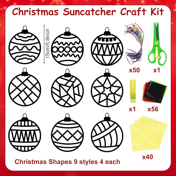 EggSun 36 Sets Christmas Ball Suncatchers Craft Kit for Kids Ornaments Stained Glass Effect Window Arts and Crafts Kit for Classroom Holiday Birthday Projects Home Party Favors Decorations Ages 4 8 12