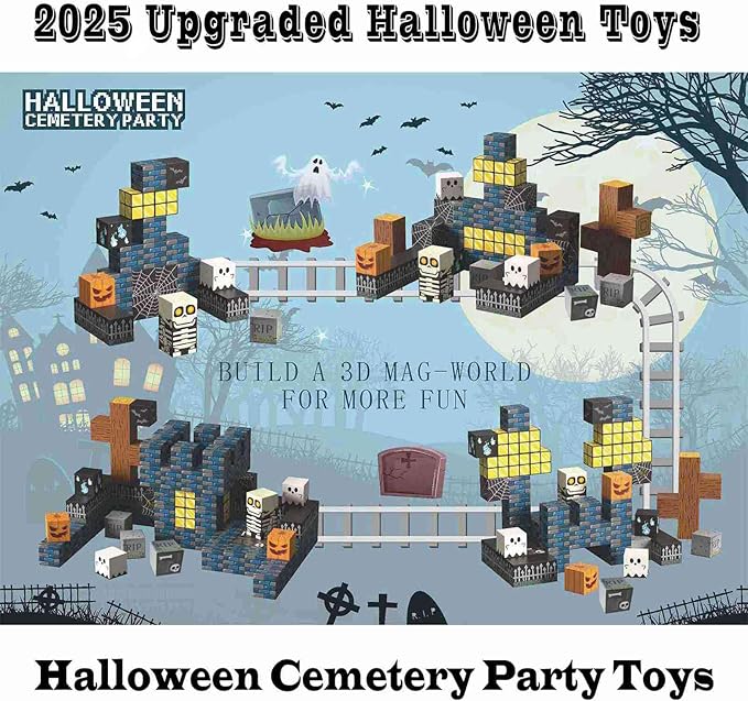 Magnetic Blocks Halloween Toys for Kids Skeleton Toy Spooky Town Building Magnetic Tiles Halloween Party Favors Gift for Boys Girls & Adults