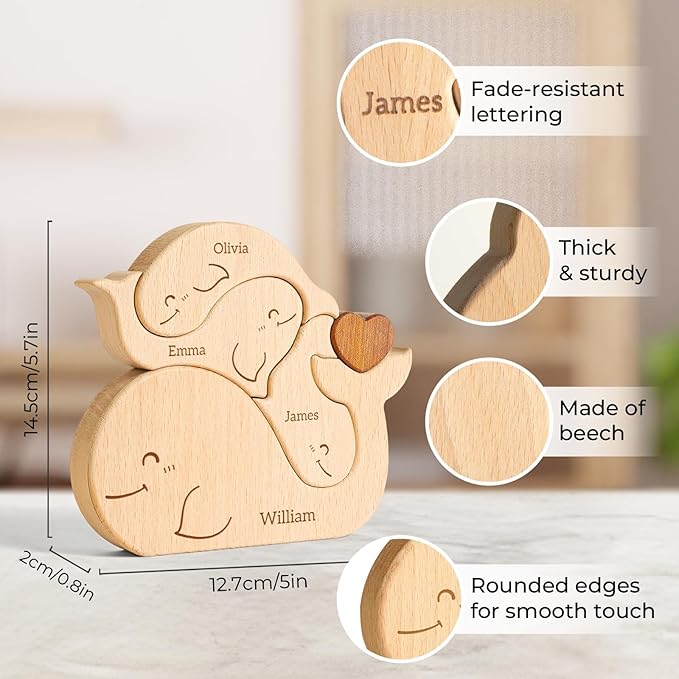 Wooden Whales Family Puzzle, Personalized Puzzles with 2-5 Names, Mothers Day Birthday for Women Men, Customized Home Decor Housewarming Gifts for Parents Couple