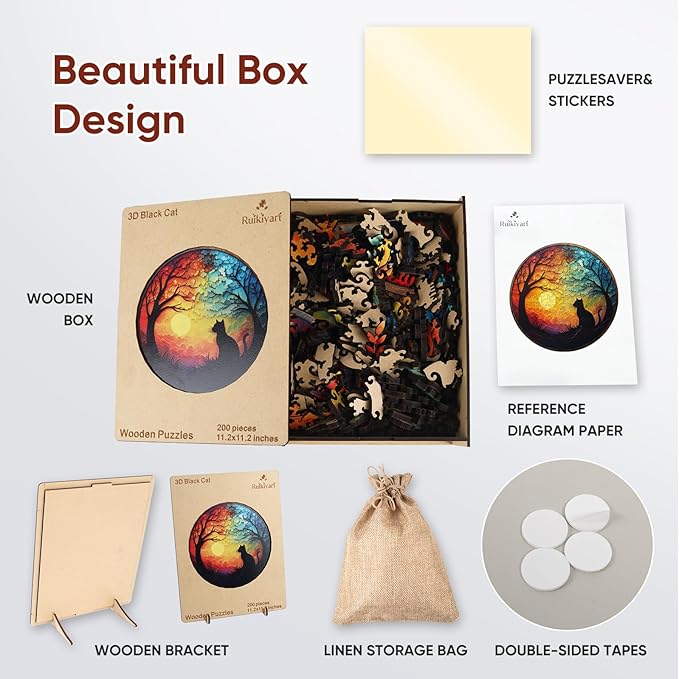 Ruikiyart Wooden Puzzles for Adults, 5MM 500Piecs Forest Cat Silhouette Wooden Jigsaw Puzzle, Unique Shape Tree Puzzle for Kids and Adults on Birthday, Thanksgiving, Christmas (16.5”x16.5”)