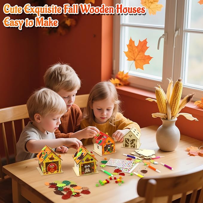 12 Thanksgiving Fall Crafts Wooden House for Boy, Girl & Adult, Fall Activities Kit DIY with Paint Pen Pumpkin Turkey Owl, Thanksgiving Arts and Crafts for Classroom Party Favors & Gift Supplies Bulk