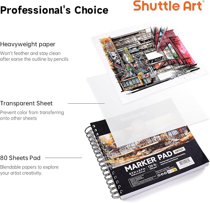 Shuttle Art Marker Pad, 8.3”x8.9” Portable Square Sketchbook, 80 Sheets Marker Drawing Paper, 120LB/200GSM Bleedproof Art Paper, Spiral-Bound, Great for Professional Artist to Draw, Paint & Sketch
