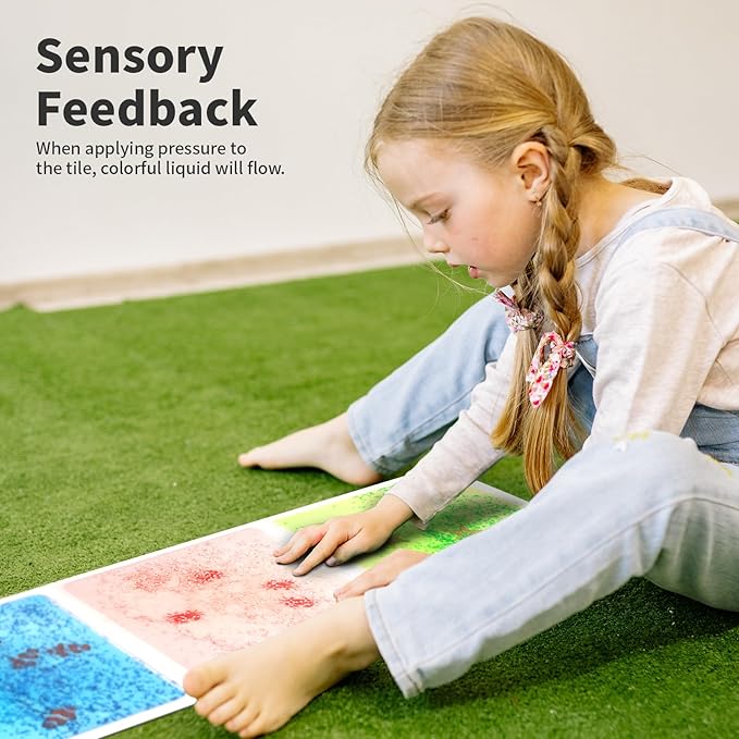 Art3d 4-Pack Liquid Sensory Floor Tiles, Colorful Liquid Fusion Senroy Dance Play Mat for Kids Toddler, 11.8"x11.8" Sea World