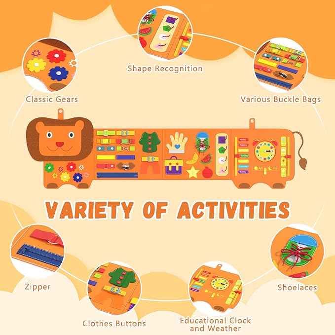 Lion Montessori Busy Board - Sensory Wall Panel for Kids, Felt Activity Cube for Toddlers, Daycare Toys and Playroom Furniture Essentials, Wall Mounted Sensory Board Toy Gift for Boys Girls, 3-6