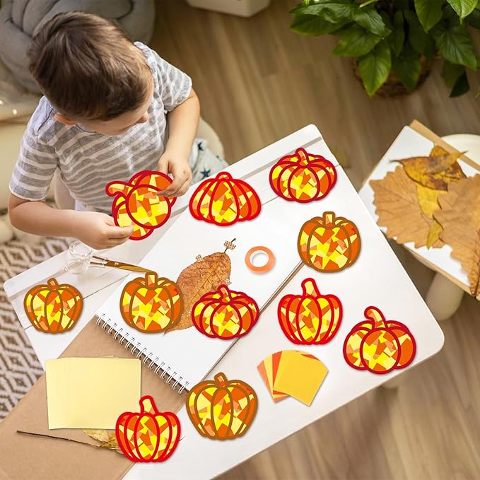 36 Set Fall Pumpkin Suncatchers Crafts for Kids DIY Autumn Window Tissue Paper Crafts Kit Thanksgiving Pumpkin Hanging Decor for Fall School Home Activity Art Project Birthday Party Favor Gift