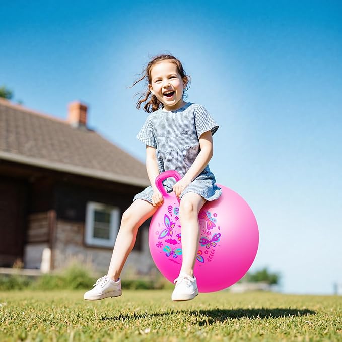 EVERICH TOY Hopper Ball, Pink Butterfly Hopping Toys for Kids, 20 Inch Bouncy Ball with Handle, Indoor Outdoor Inflatable Hoppity Hop Toy for Girls Boys Gift with Pump
