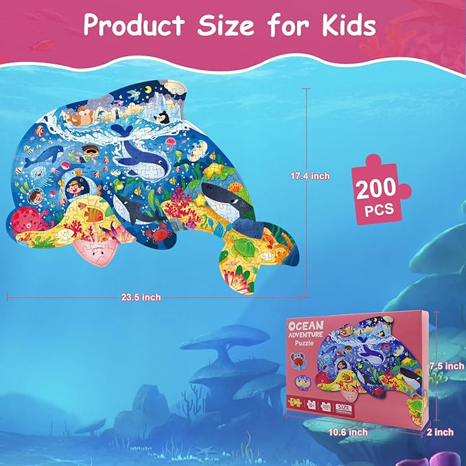 Animal Puzzles for Kids Ages 6-8 200 Piece Dolphin Jigsaw Puzzles Underwater Ocean Floor Puzzle Ages 8-10 Learning Educational Toys Birthday Gift for Boys Girls Ages 10-12