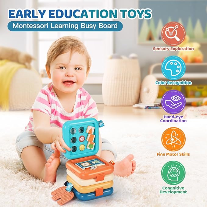 Busy Board for 1 Year Old, Travel Toys for Toddlers 1-3, Montessori Busy Board - Car Airplane Essentials, Sensory Activity Cube Birthday Gifts for Baby Infant Boy Girl
