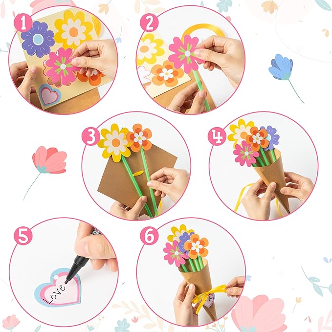 BeYumi Flower Bouquet Craft Kit - 24Pcs Mother's Day Flower Bouquet Craft for Kids Make Your Own Bunch of Flowers Teacher Appreciation Week DIY Thankful Gift Set School Classroom Home Fun Activities