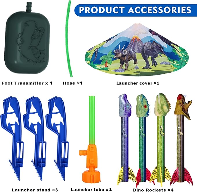 Dinosaur Toy Rocket Launcher for Kids - Launch Up to 100 Ft, 4 Rockets, Outdoor Outside Toys for Kids, Dinosaur Toys, Birthday Gifts for 3 4 5 6 7 8-12 Year Old Boys Girls