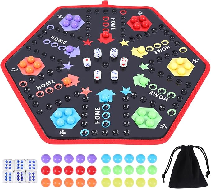 Wahoo Board Game Classic Marble Board Game Fast Track Game Foldable Base for 4 or 6 Players,with 6 Color,30 Marbles,6 Dices for Family Friends Party