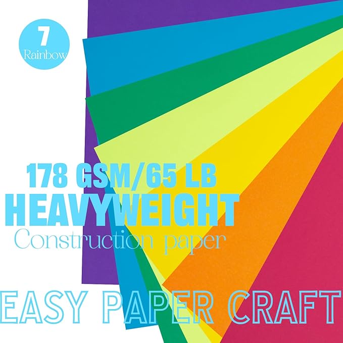 Construction Paper 8.5inx11in,70 Sheets,Set of 7 Colors Classic Rainbow 178GSM/65LB Heavyweight Construction Paper,Crafts,Arts,School Classroom Art Supplies Assorted Colors Bulk Paper