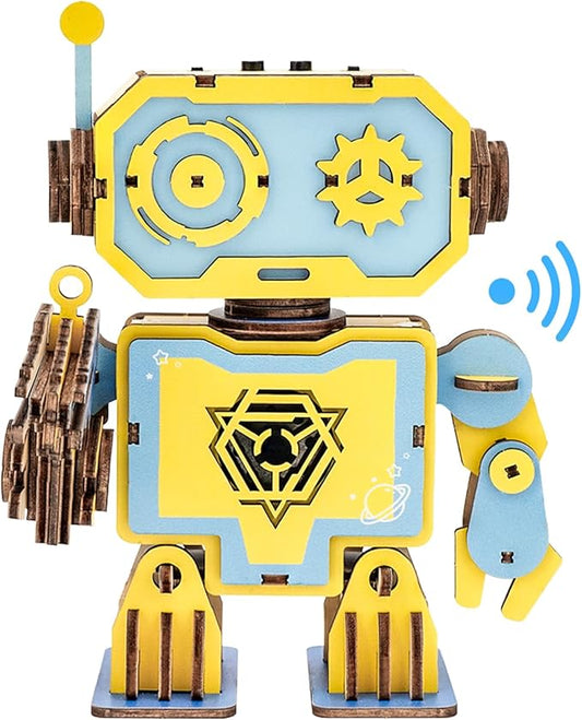 Kosmickiss 3D STEM Wooden Puzzles for Kids, 3D Wooden Models with Voice Recorder, Science STEM Building Kit Creative Craft Toys for Boys Girls Age 8-13 Years Education Birthday Gifts (Yellow Robot)
