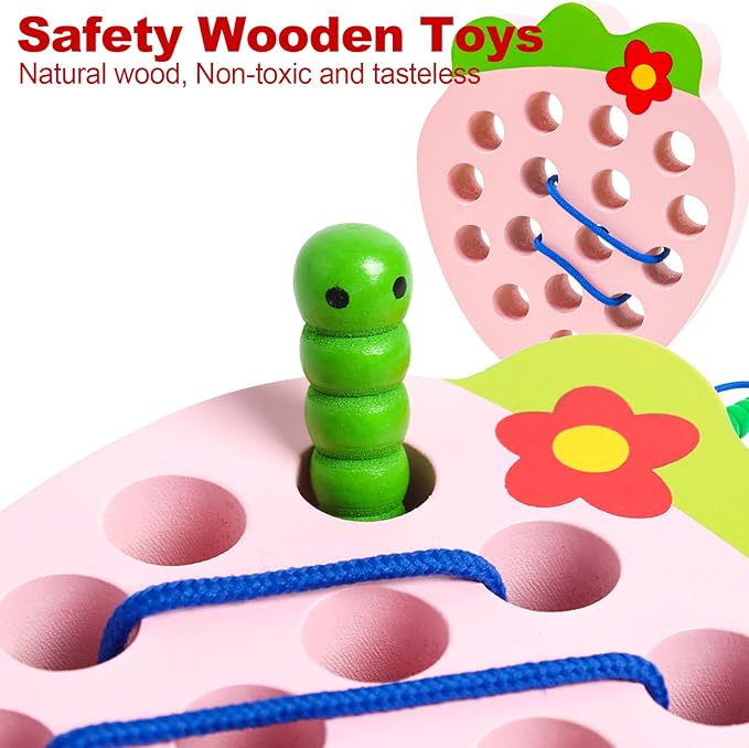 Wooden Lacing Toys for Toddlers, Baby Toys Strawberry Threading Learning Fine Motor Skills,Montessori Sensory Educational Wooden Block Puzzle Travel Gift for 3 Years Old Baby Boys Girls