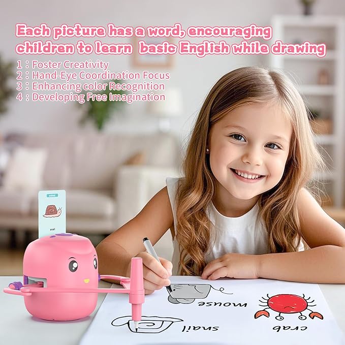 Interactive Educational Drawing Robot for Kids - Montessori Learning Toy with 100 Word Cards, Voice Interaction, Ages 5+ (Pink)