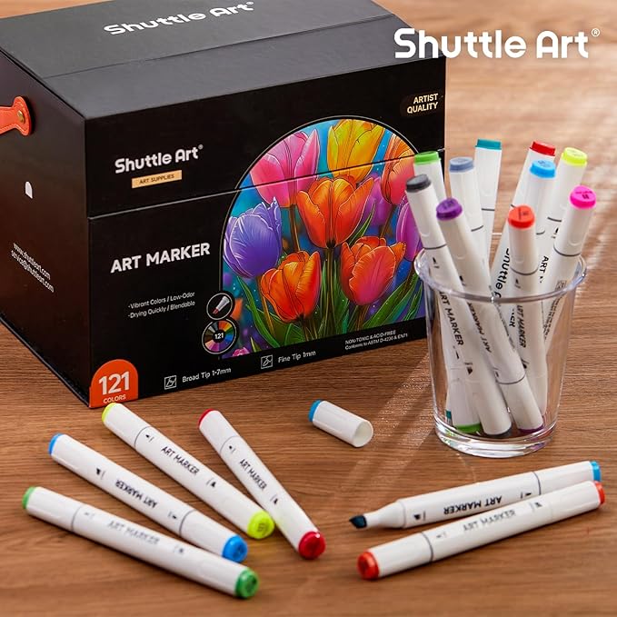 Shuttle Art 121 Colors Alcohol Markers, 120 Colors Dual Tip Art Marker Set Plus 1 Colorless Blender with Marker Case Perfect for Illustration Students Adult Coloring Sketching