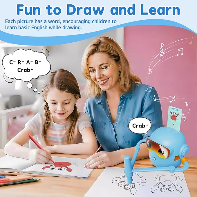 Drawing Robot for Kids, with 100 Word Cards, 12 Color Pens, Voice Interactive Educational Drawing Machine, Montessori Painting Learning Toys for 3 4 5 6 7 8 Year Old Boys Girls Birthday Party (Blue)