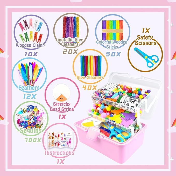 3000Pcs Arts and Crafts Supplies for Kids Craft Kits with Pipe Cleaners Crafting Supply All in 3 Layered Craft Box DIY Crafts for Kids Ages 4-8 8-12 Homeschool Supplies Toys Gifts for Girls & Boys