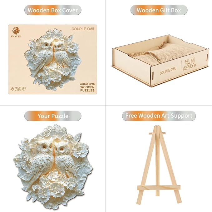 KAAYEE Wooden Puzzles for Adults, Couple Owl Wooden Jigsaw Puzzle Unique Shape Wood Puzzle Adult, 3D Visual Effect Flat Puzzle Birthday Family Games (M-11.4 * 10.6 in-177pcs)