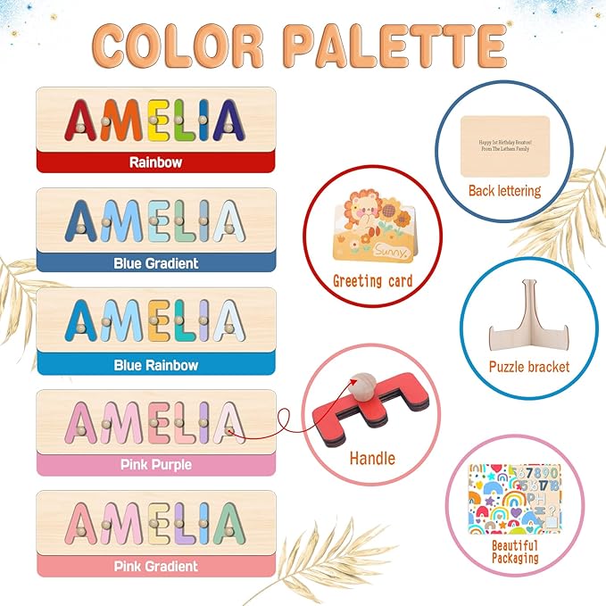 Personalized Name Puzzle for Toddlers 1-3 Wooden Alphabet Shape Number, Montesorri Toys for 1 Year Old 2 3 4 5, Customized Baby Gifts 1st Birthday for Girls & Boys Preschool Educational