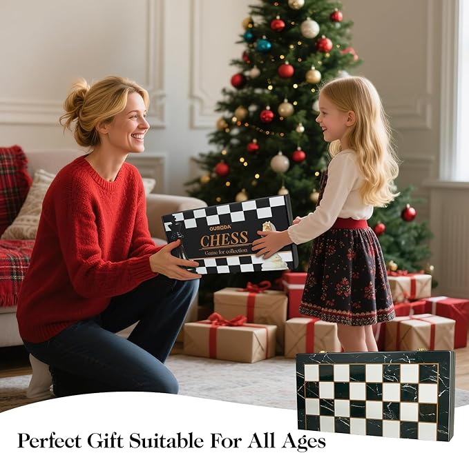 15" Large Chess Set for Adults- Weighted Acrylic Pieces Including Extra 2 Queens, 3.5" King w/Leather Base, Portable Folding Marbling Wooden Chess Board - Travel/Family Game & Elegant Gift