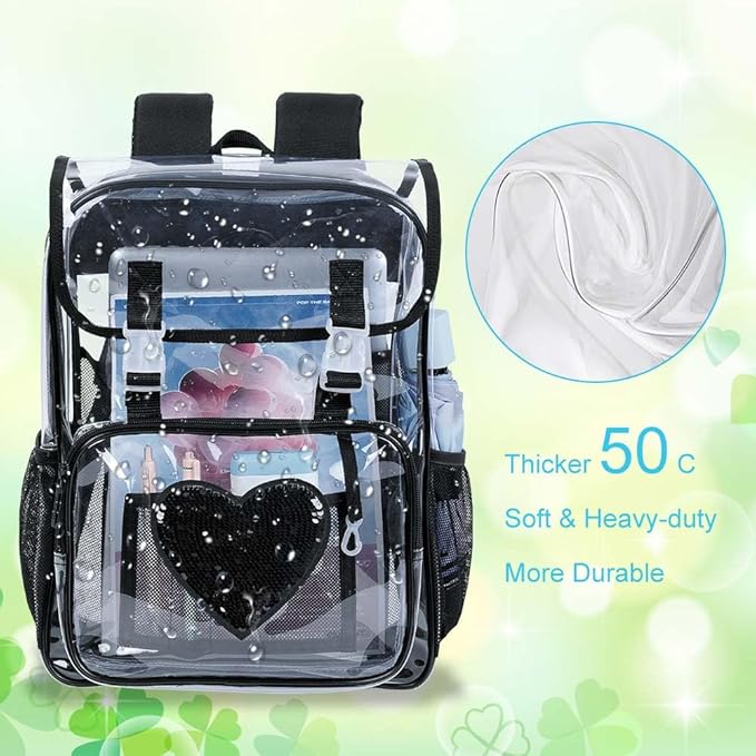17" Sequin Clear Backpack for Girls - Sparkle Flip Design Stadium Approved 3Pcs Set, Heavy Duty PVC Bookbag for Concert/School (Black)