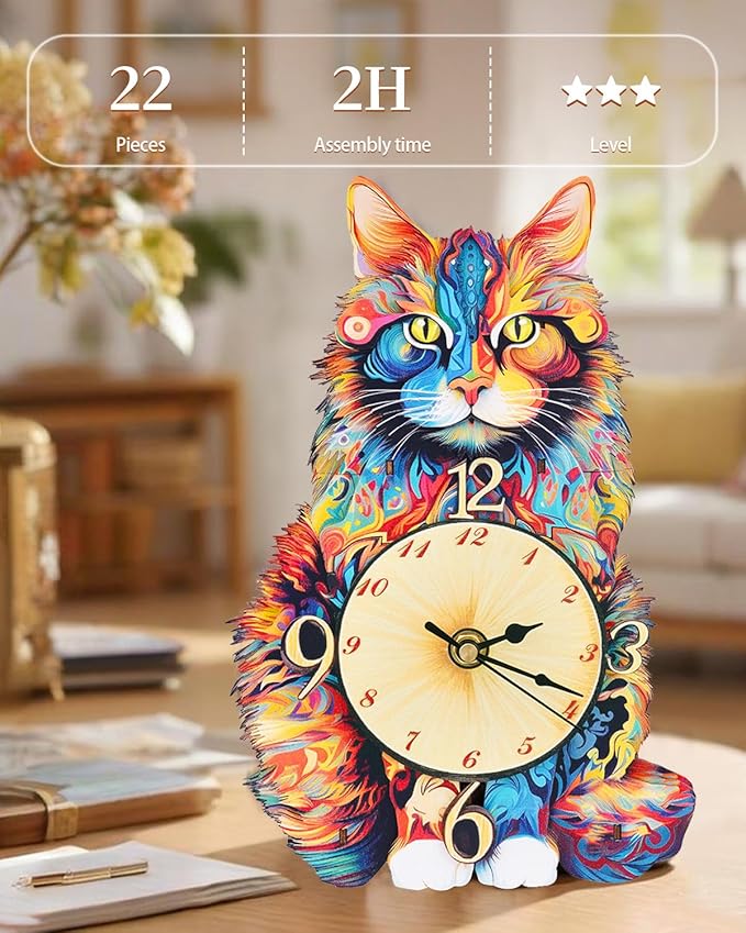 3D Wooden Puzzles for Adults, Maine Coon Cat Clock DIY Kit, Beginner 22 Pcs Wooden Puzzles, Creative Gift Ideas for Adults Teens