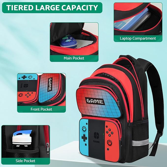 Kids Backpack For Boys,Gamer Boys Backpack For Children Teens Elementary Middle School, 17″ Students Bookbag