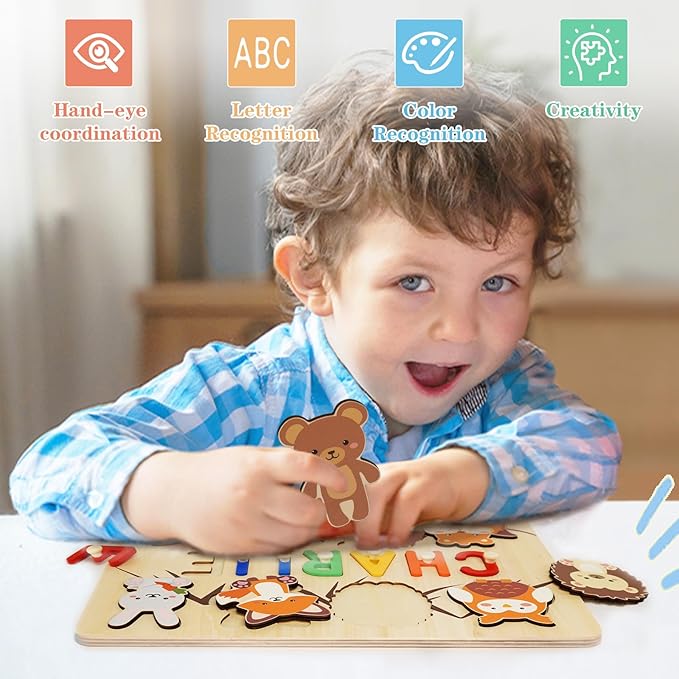 Personalized Name Puzzle for Kids, Custom Baby Gifts for Toddler 1-3, Customized 1st Birthday for Girls & Boys Wooden Animal Puzzle Montessor Toys for Kids
