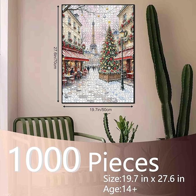Merry Christmas 1000 Piece Jigsaw Puzzle for Adults America Eiffel Tower Painting Jigsaw Puzzle 1000 Pieces Cafe Puzzles 20''x27”inch Chrsitmas Xmas Trees DIY Puzzle Art Wall Decor Family Challenging