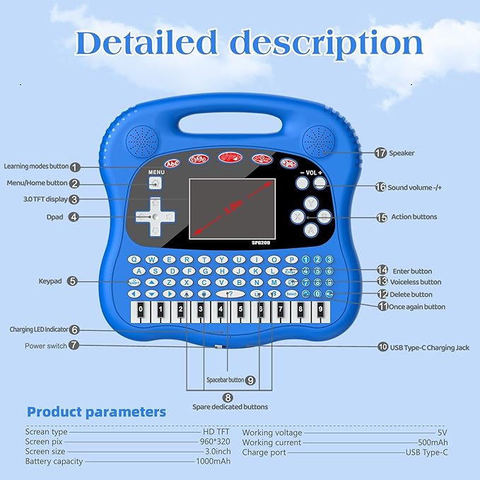 Interactive Early Learning Tablet - Educational Toys for Ages 2+ - Abc's, Words, Shapes, Numbers, Games, Music - Encourages Independent Play - Electronic Toys Gifts (Blue)