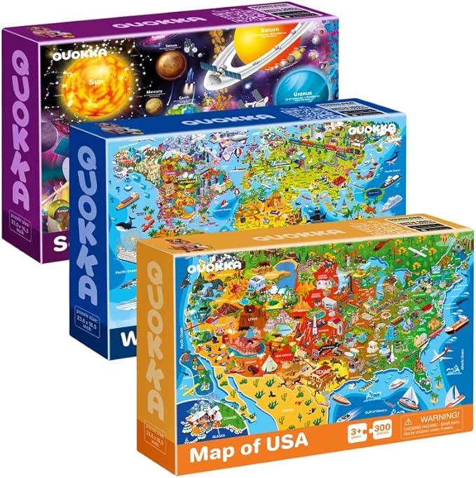 QUOKKA Puzzles for Kids Ages 4-6 - 3 Set 300 Piece Puzzles for Kids 6-8 - Learning Map of The United States World Space Puzzle - Educational Games for Kid 8-10 - Toys for 12 Year Old Boys and Girls