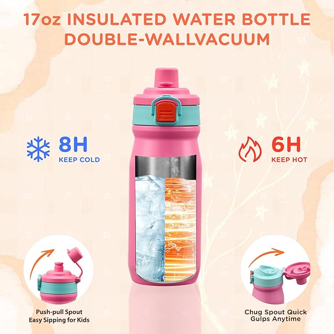 Bento Lunch Box for Kids With 8oz Thermo, Leakproof Bento Box with with 2 Compartments, Insulated Bottle, Lunch Bag, BPA Free Dishwasher Safe for School Girls Boys (Pink)